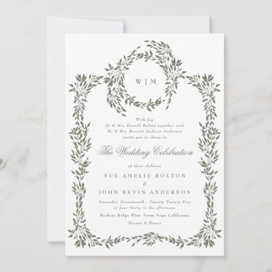 Invitation Monogramme de couronne Sage Vert Élégant Mariage d (Devant)