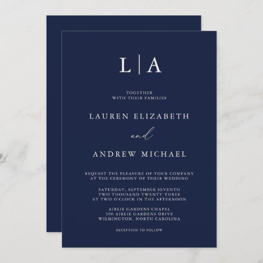 Invitation Monogramme de crème bleue marine Simple minimalist (Devant / Derrière)