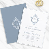 Invitation Monogramme de crête bleu poussiéreux Mariage éléga