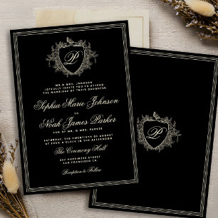 Invitation Monogramme de crête classique mariage noir ivoire