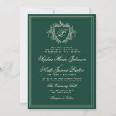 Invitation Monogramme de crête classique mariage vert émeraud (Devant)