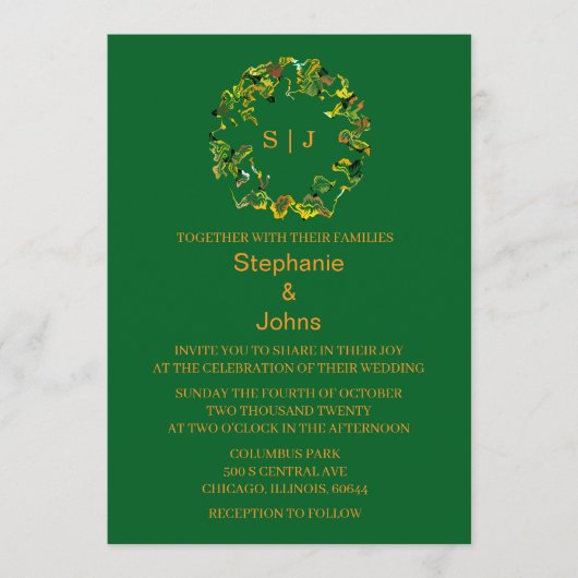 Invitation Monogramme de crête de feuille Orange Vert forêt M (Devant)