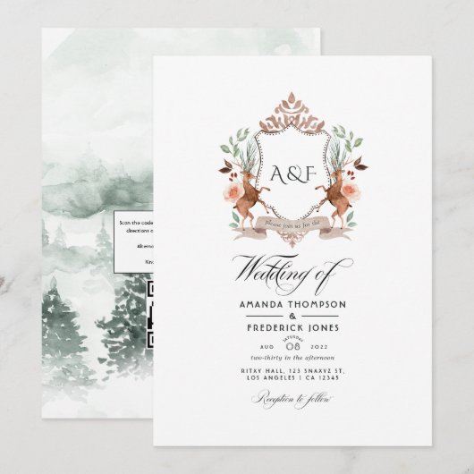 Invitation Monogramme de crête de Laurel Woodland Code QR Mar (Devant / Derrière)