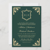 Invitation Monogramme de crête d'or QR Code Emerald Mariage v (Devant)