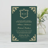 Invitation Monogramme de crête d'or QR Code Emerald Mariage v (Debout devant)