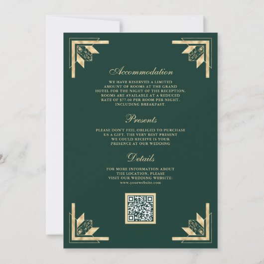 Invitation Monogramme de crête d'or QR Code Emerald Mariage v (Dos)