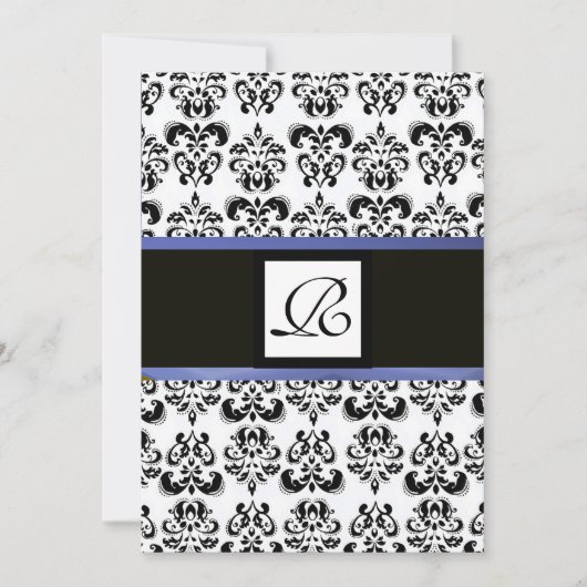 Invitation MONOGRAMME DE DAMAS, noir blanc, bleu (Devant)