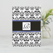 Invitation MONOGRAMME DE DAMAS, noir blanc, bleu (Debout devant)