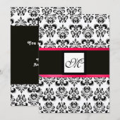 Invitation MONOGRAMME DE DAMAS, noir et blanc, fuchsia rose (Devant / Derrière)