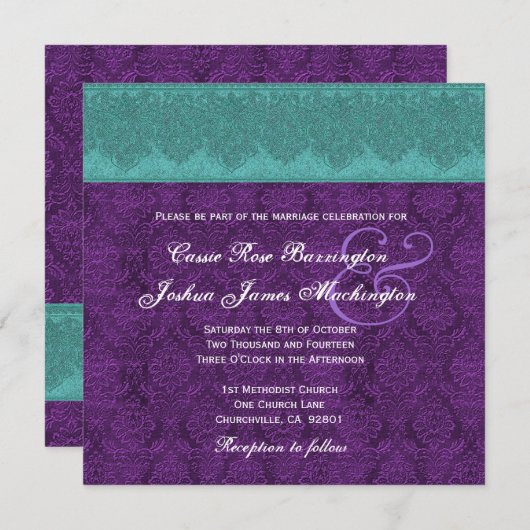 Invitation Monogramme de Damas Turquoise et violet Mariage V1 (Devant / Derrière)