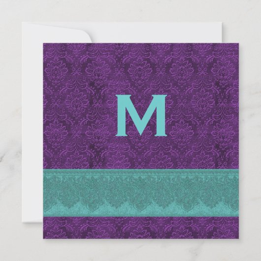 Invitation Monogramme de Damas Turquoise et violet Mariage V1 (Dos)