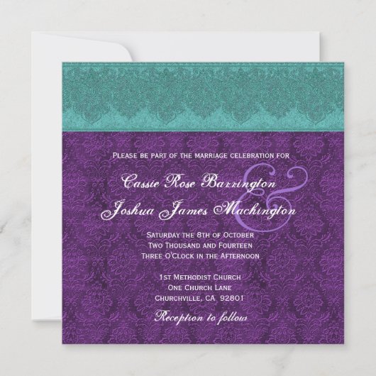 Invitation Monogramme de Damas Turquoise et violet Mariage V1 (Devant)