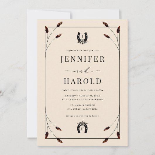 Invitation Monogramme de fer à cheval Boho de l'Ouest tout en (Devant)