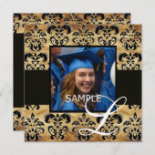 INVITATION MONOGRAMME DE FIN D'ÉTUDES EN PARCHEMIN DAMAS NOIR (Devant / Derrière)