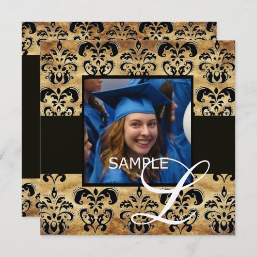 INVITATION MONOGRAMME DE FIN D'ÉTUDES EN PARCHEMIN DAMAS NOIR (Devant / Derrière)