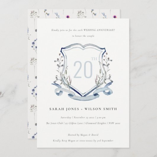 Invitation Monogramme de fleur sauvage bleue Crête Mariage An (Devant / Derrière)