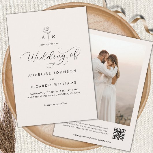 Invitation Monogramme de fleurs d'ivoire Photo QR Code Mariag