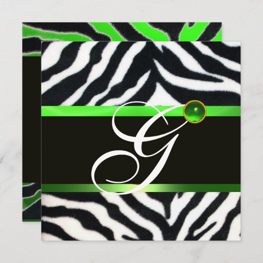 INVITATION MONOGRAMME DE FOURRURE ZEBRA BLANC VERT EMERALD (Devant / Derrière)