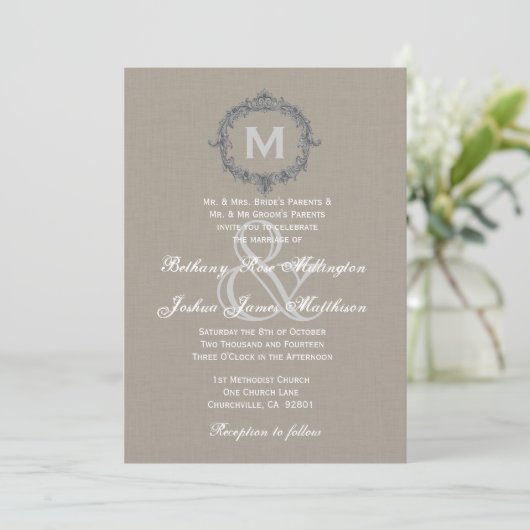Invitation Monogramme de galets et de cadres gris Mariage V6 (Debout devant)