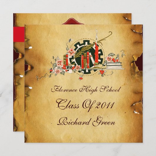 INVITATION MONOGRAMME DE GRADUM DE PARCHEMENT DE CIRE ROUGE (Devant / Derrière)