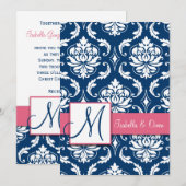 Invitation Monogramme de la marine Blue Damask Pin (Devant / Derrière)