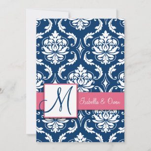 Invitation Monogramme de la marine Blue Damask Pin