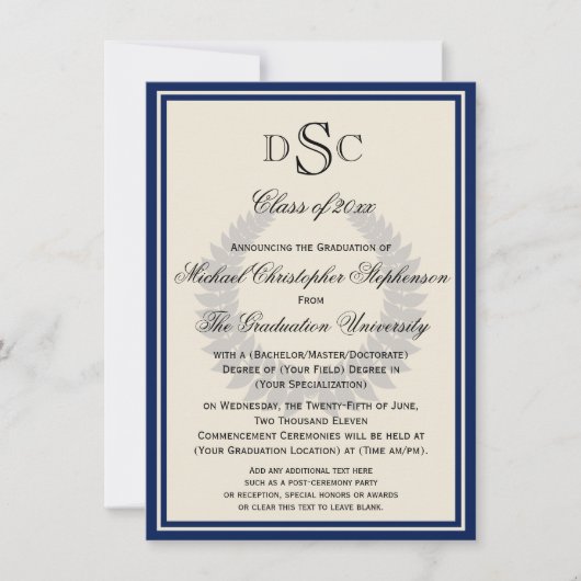 Invitation Monogramme de la Marine Laurier Classique Diplômé  (Devant)