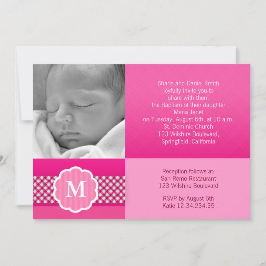 Invitation Monogramme de la petite fille du baptême rose (Devant)