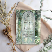 Invitation Monogramme de mariage à l'aquarelle de jardin vert