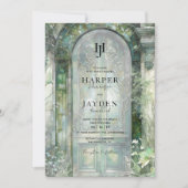 Invitation Monogramme de mariage à l'aquarelle de jardin vert (Devant)