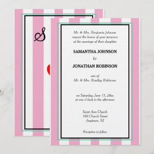 Invitation Monogramme de mariage à rayures roses blanches et