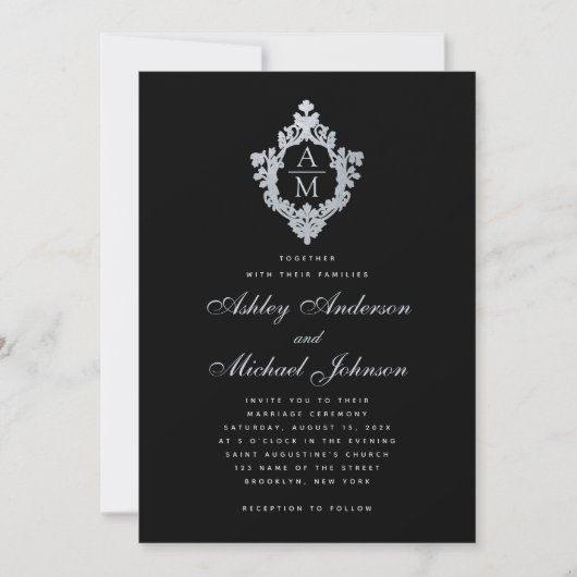 Invitation Monogramme de mariage Blason vintage calligraphié (Devant)