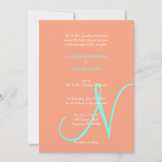 Invitation Monogramme de mariage bleu cantaloupé (Devant)