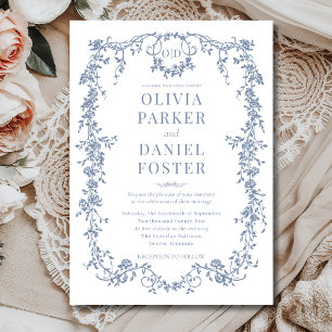 Invitation Monogramme de mariage bleu poussiéreux français vi