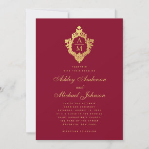 Invitation Monogramme de mariage Bourgogne Faux or Crête vint