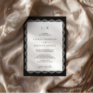 Invitation Monogramme de mariage cadre en dentelle noir et bl