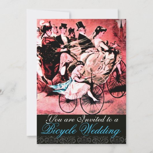 INVITATION MONOGRAMME DE MARIAGE DAMASK BLACK BLEU RED BICYCL (Devant)