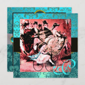 INVITATION MONOGRAMME DE MARIAGE DAMASK BLACK BLEU ROUGE (Devant / Derrière)