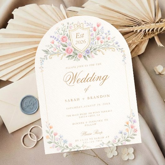 Invitation Monogramme de mariage floral arqué, Jardin romanti