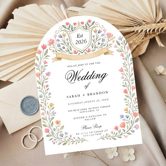 Invitation Monogramme de mariage floral arqué, Jardin romanti