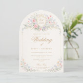 Invitation Monogramme de mariage floral arqué, Jardin romanti (Debout devant)