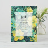 Invitation Monogramme de mariage floral jaune et vert (Debout devant)