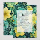 Invitation Monogramme de mariage floral jaune et vert (Devant / Derrière)