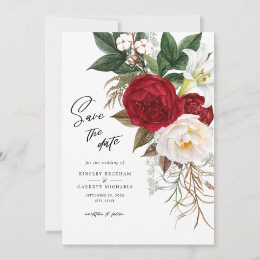 Invitation Monogramme de mariage floral rouge romantique, sav (Devant)