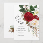 Invitation Monogramme de mariage floral rouge romantique, sav (Devant / Derrière)