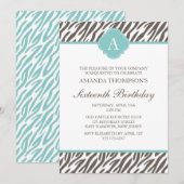 Invitation Monogramme de motif zèbre Brown et menthe (Devant / Derrière)