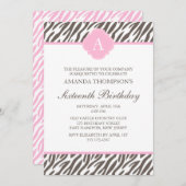 Invitation Monogramme de motif zèbre Brown et rose (Devant / Derrière)