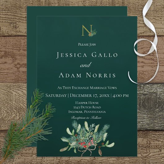Invitation Monogramme de Noël rustique Mariage vert