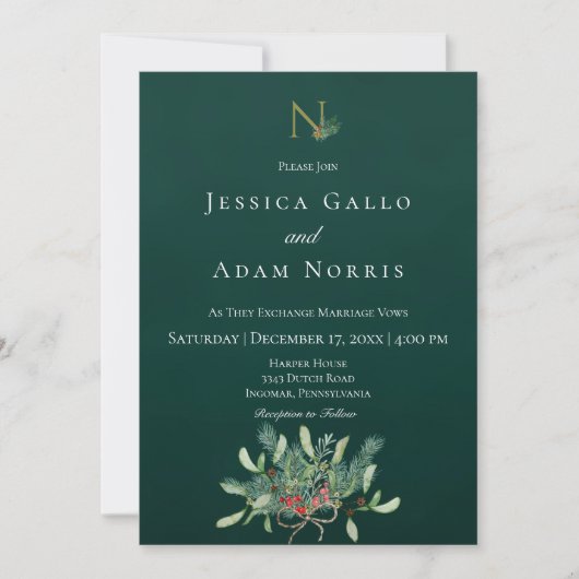 Invitation Monogramme de Noël rustique Mariage vert (Devant)