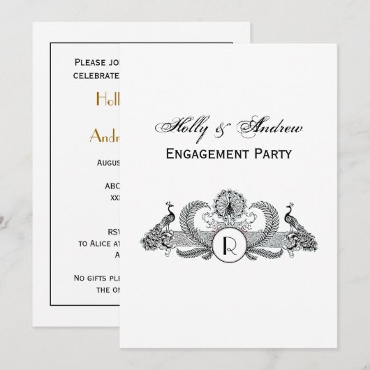 Invitation Monogramme de paons vintage (Devant / Derrière)